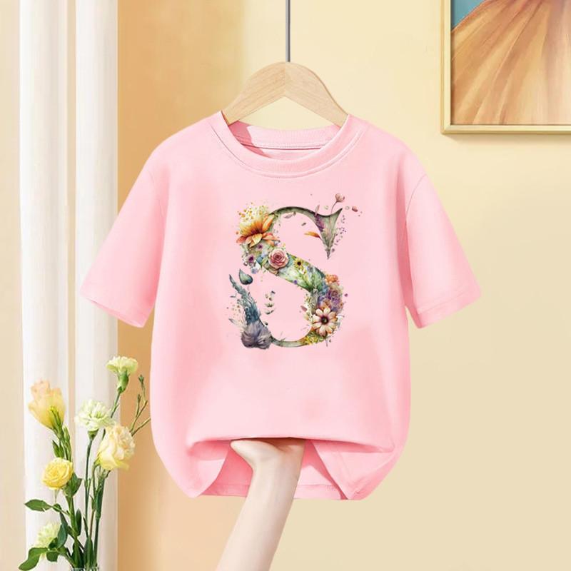 Девочки Футболка С Пользовательским Именем Комбинация Букв Принт Футболка Цветочный Буквенный Шрифт A B C D E F G Короткий Рукав Детские Розовые Топы