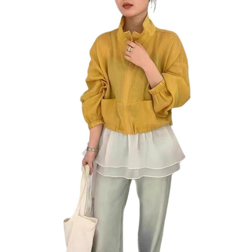 Женская куртка из рами в корейском стиле с воротником-стойкой на молнии - Весна/Лето 2025, Простой универсальный повседневный приталенный топ