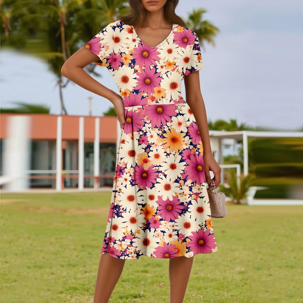 Ladies Summer Fashion Casual Floral Print V-Neck Short Sleeve Pocket Dress