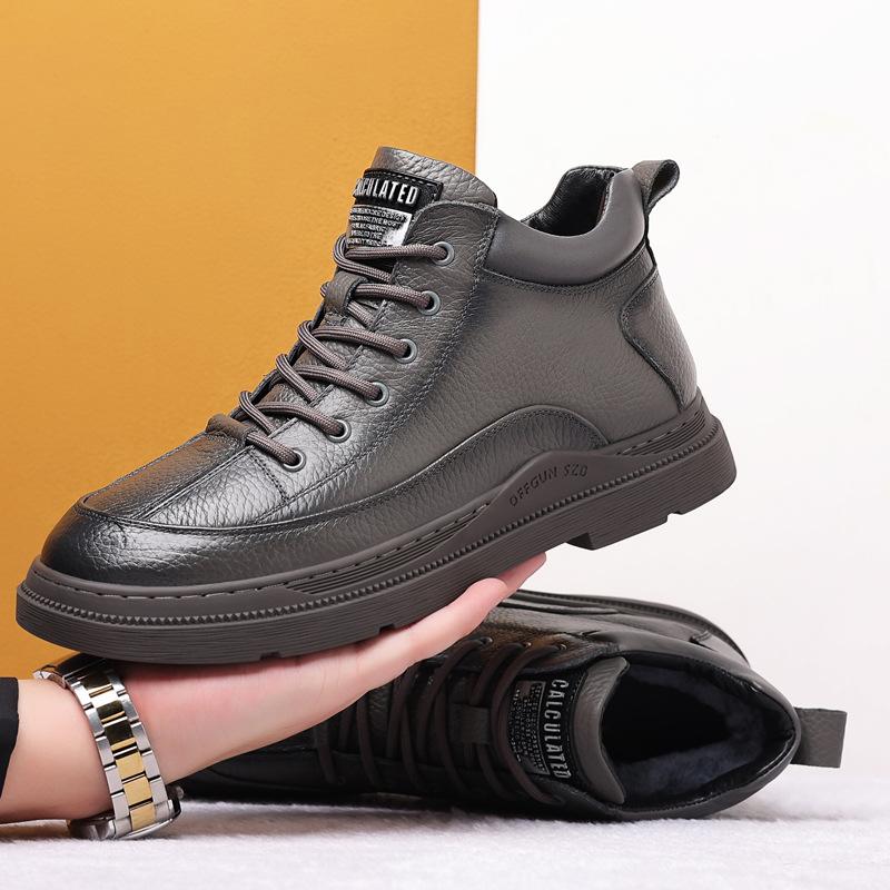 Зимние новые мужские хлопковые туфли кожаные шерстяные теплые мужские туфли высокие повседневные бархатные мужские кожаные туфли