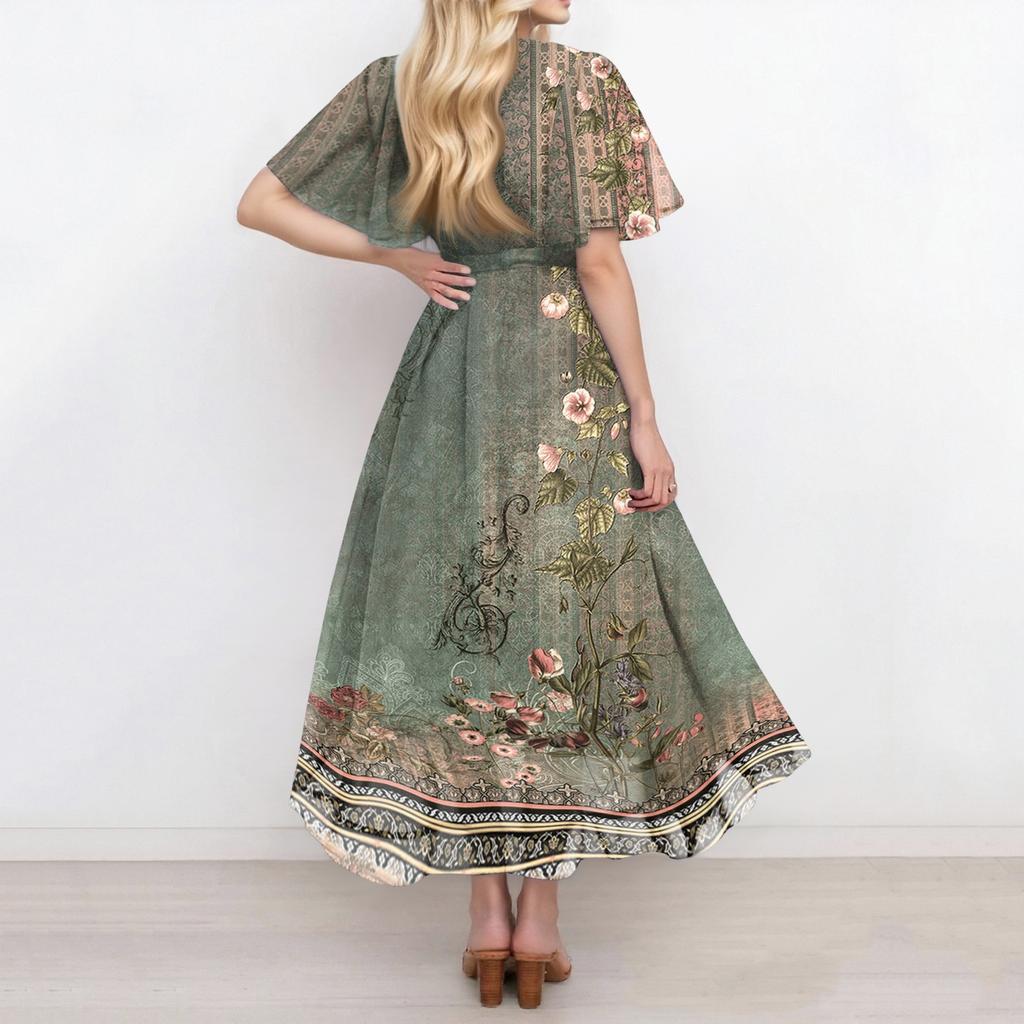 Women's Summer Fashion V-Neck Flared Dress Short Sleeve Floral Dresses