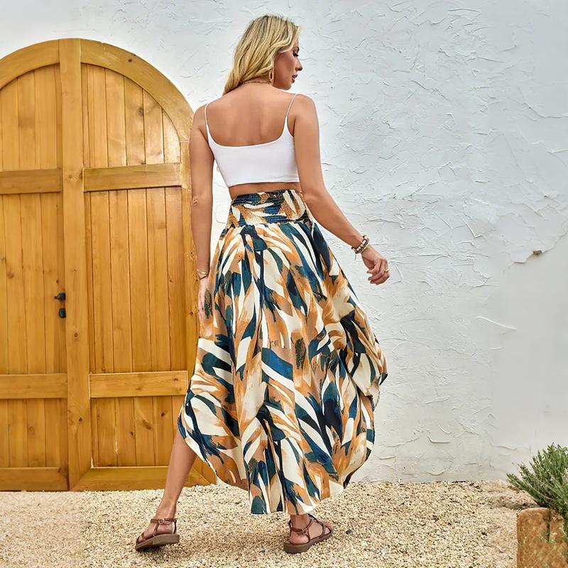 Женская летняя юбка А-силуэта с высокой талией, в экзотическом стиле, богемная, пляжная, с неровным подолом