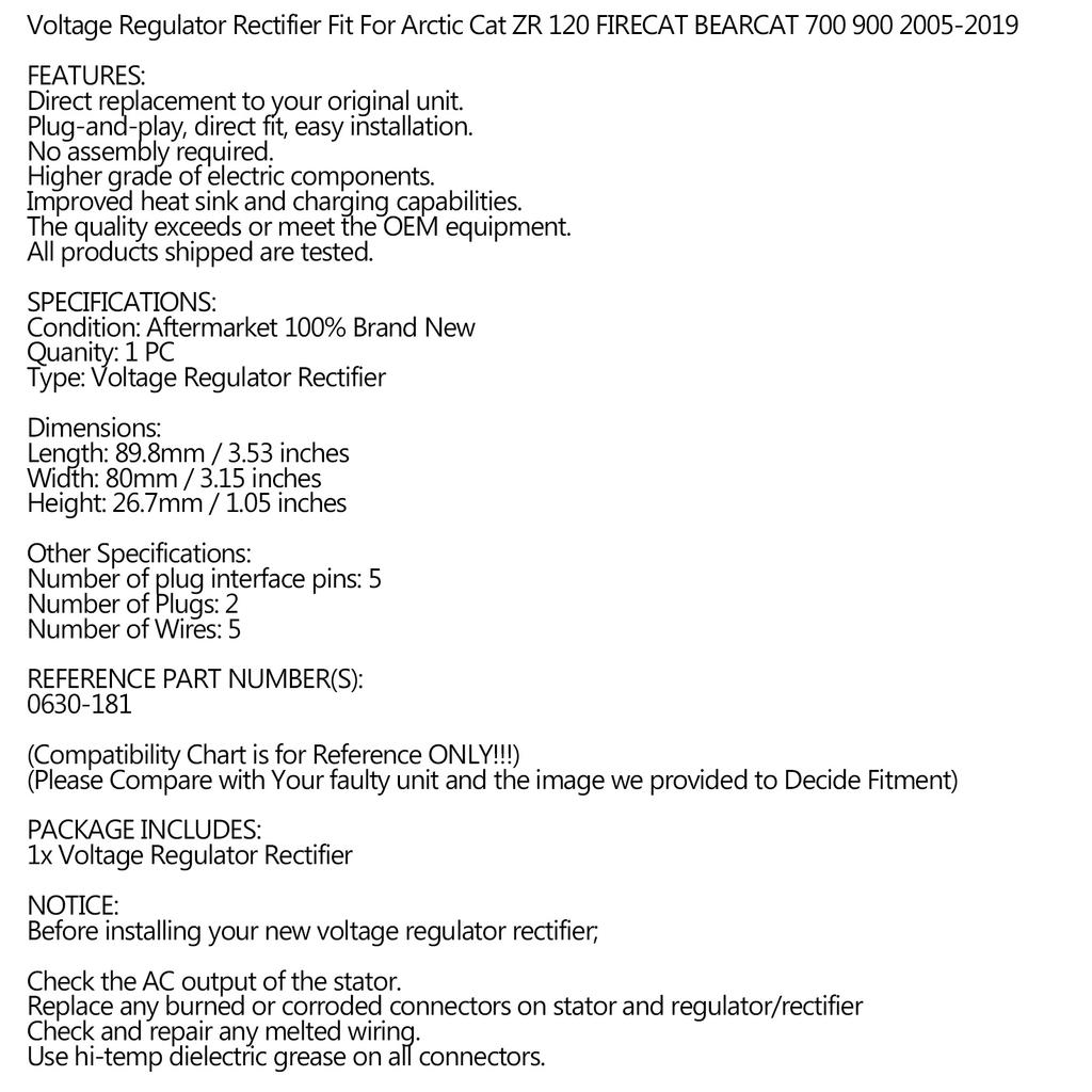 Регулятор выпрямителя подходит для Arctic Cat M5 M7 ZR SNO PRO FIRECAT 05-16 0630-181
