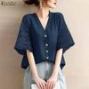 Women Casual V-Neck Loose Lace Splice 3/4 Sleeve Blouse