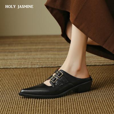 2024 Летняя женская обувь из натуральной кожи для женщин Мюли с закрытым носком на толстом каблуке Женские сандалии с открытой пяткой Тапочки ручной работы