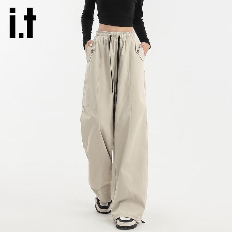 Izzueit Women's High-Waist Drawstring Wide-Leg Cargo Pants