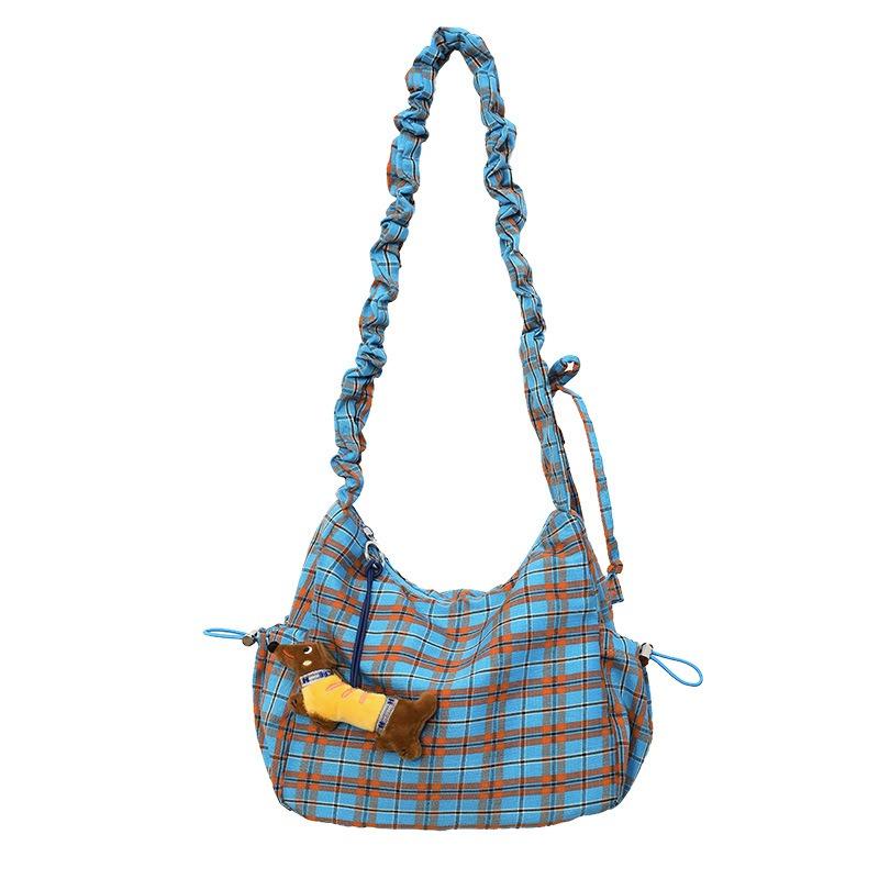 Vintage Pleated Plaid Moon Bag Fashion Canvas Bag Crossbody Dumpling Bag Niche Underarm Shoulder Bag