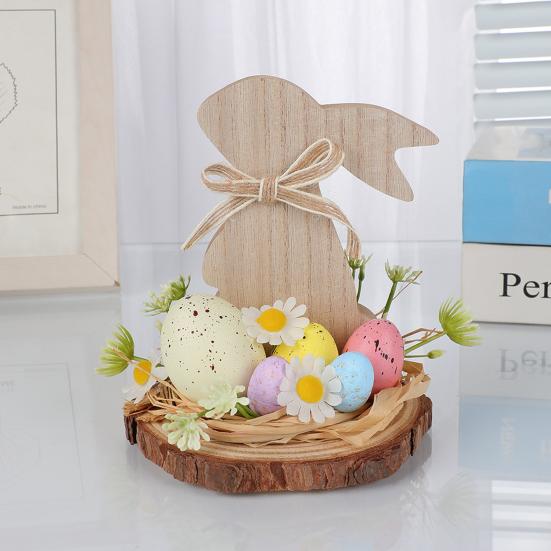 Wooden Easter Bunny Decoration Farmhouse Rustic Artificial Flower Colorful Egg Rabbit Table Sign Desktop Ornament