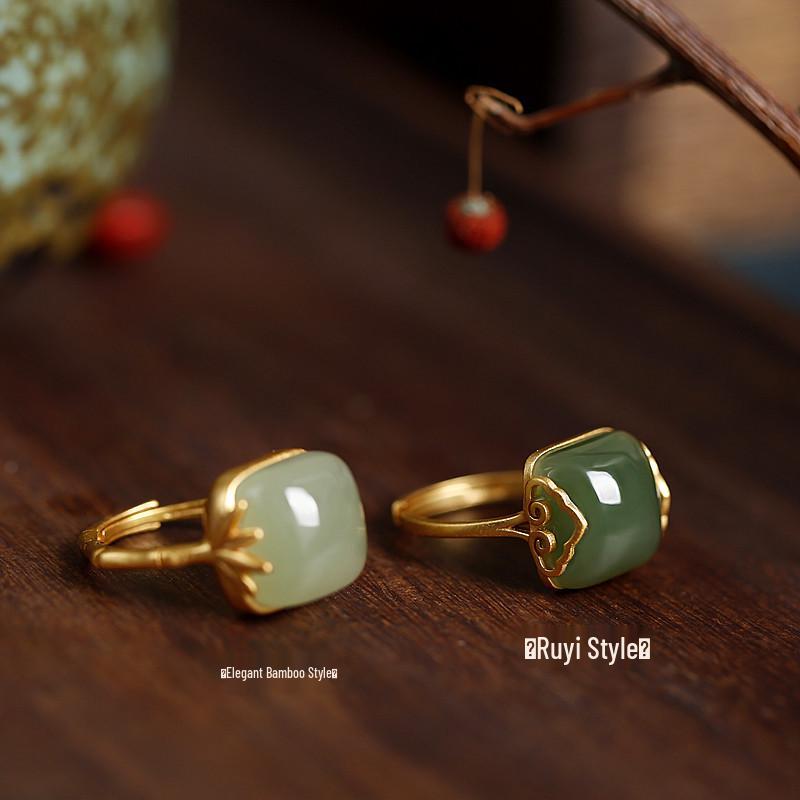 Hetian Jade Cloud Ring: Elegant Women's Open Chalcedony Jadeite with Retro Bamboo Design