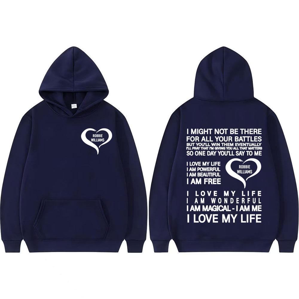 Толстовки с надписью «Я люблю свою жизнь, я сильный» (I Love My Life I Am Powerful) с символикой концертного тура Робби Уильямса 2025 года. Мужские и женские толстовки в модном, эстетичном стиле, свободного кроя.