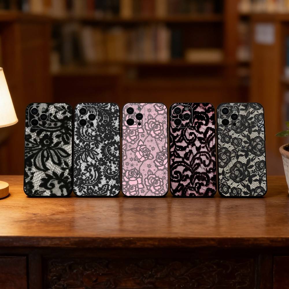 Винтажный кружевной чехол для телефона для iPhone 17, 16, 15, 14, 13, 12, 11 Plus, Pro Max, Другие Мягкий черный чехол