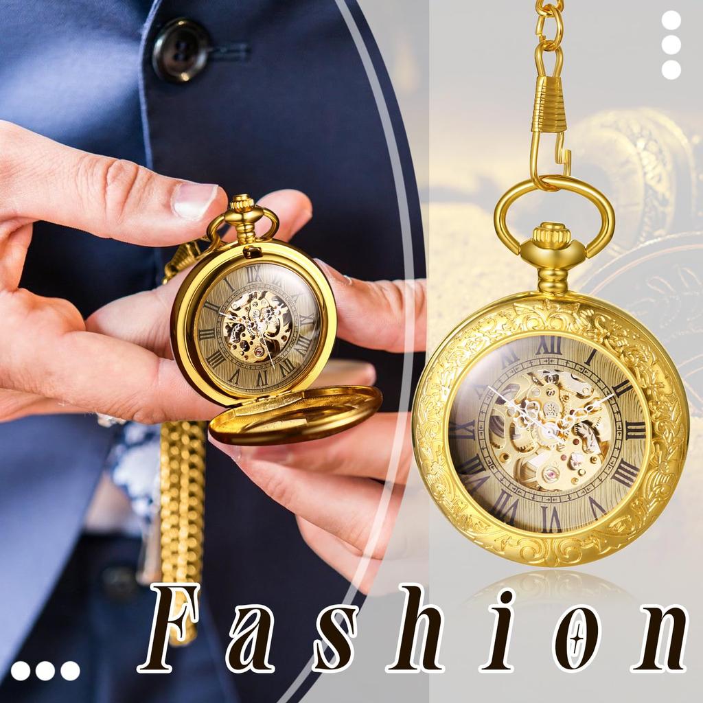 Pocket Watch Automatic Skeleton Antique Roman Analog Display Pocket Watch Waterproof Pendant Watch with Chain Gold Birthday Anniversary Christmas Day