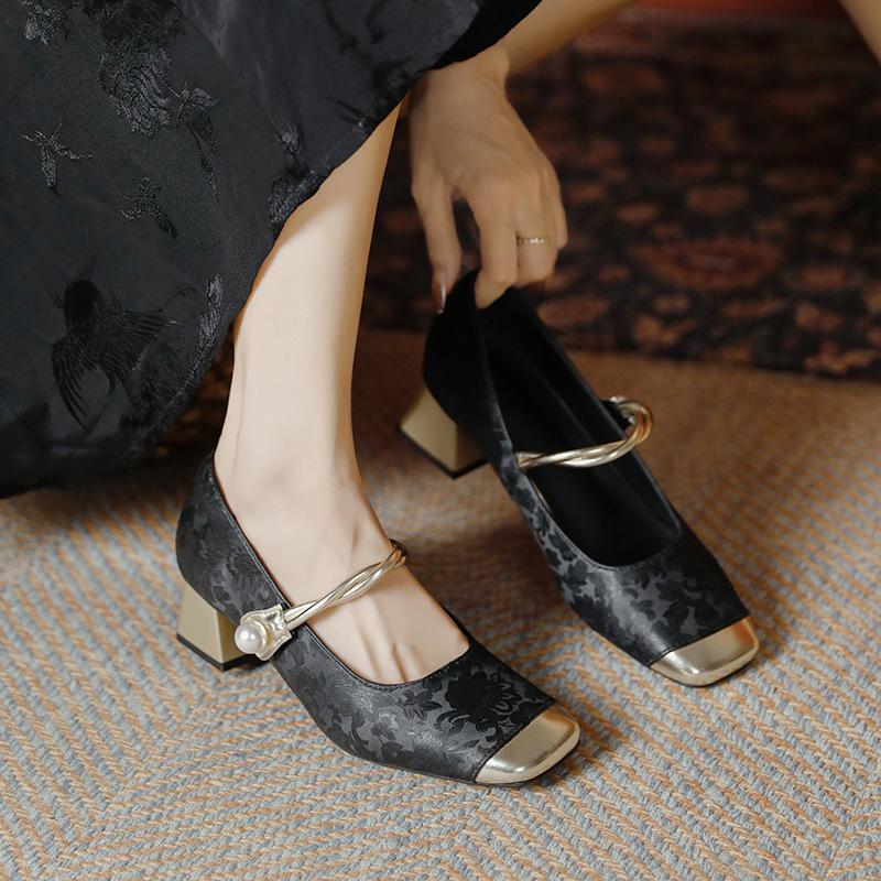 Ретро туфли ципао новые толстый каблук сочетание цветов Мэри Джейн туфли на высоком каблуке одинарные туфли женские