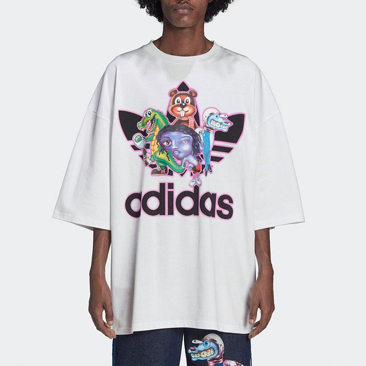 adidas Оригинальная свободная футболка с коротким рукавом и круглым вырезом с принтом из мультфильма для мужчин, белые топы HB2964