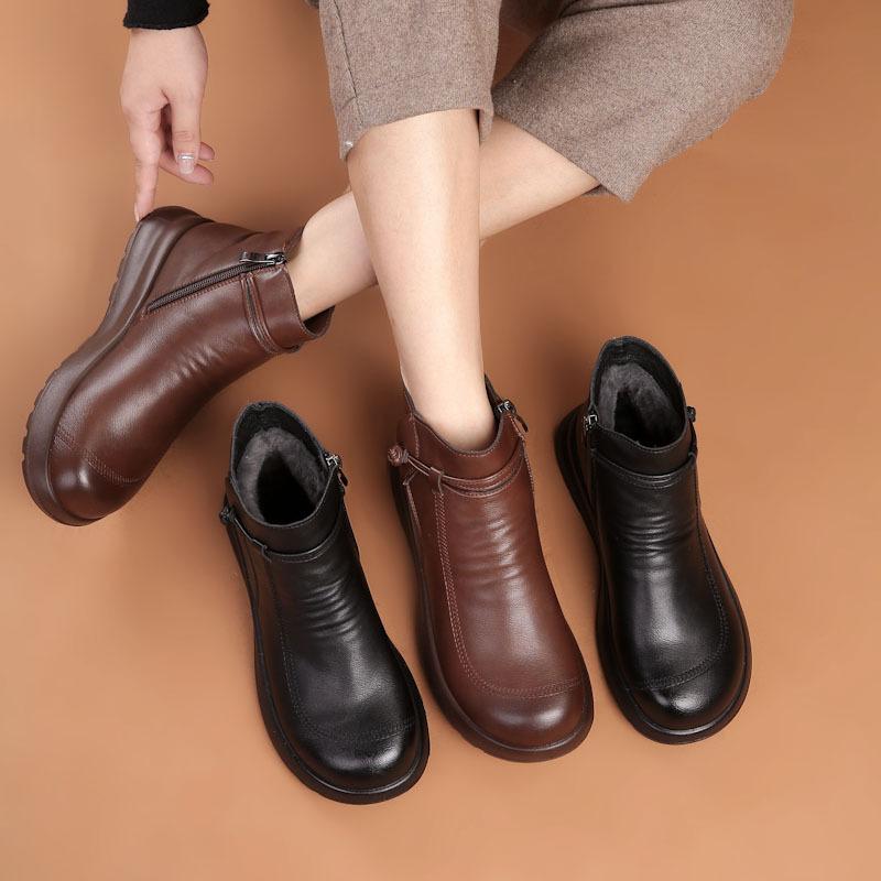 Зимние модные женские ботильоны из натуральной кожи, женские толстые плюшевые теплые зимние сапоги для мам, водонепроницаемые нескользящие ботинки большого размера