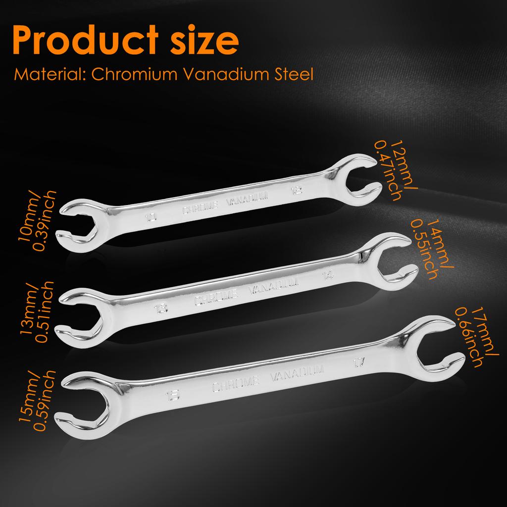 3 Pcs Metric Flare Nut Spanner Set Double End Open Ring Spanner Set Chrome Vanadium Steel Brake Line Wrench for Mechanics