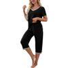 Women's Two Piece Pajamas Set V Neck Short Sleeve Top And Wide Leg Capris Pants Loose Lounge Set with Pockets