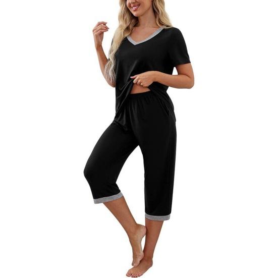 Women's Two Piece Pajamas Set V Neck Short Sleeve Top And Wide Leg Capris Pants Loose Lounge Set with Pockets