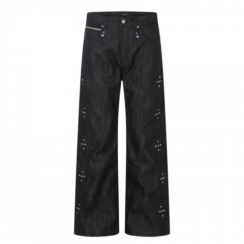 Unisex Vintage Raw Edge Black Denim Jeans Straight Wide Leg With Rivets Turquoise Accents