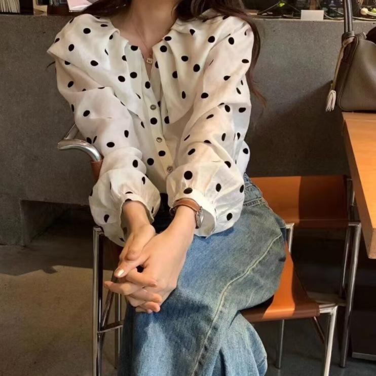 Рубашка с длинными рукавами и воротником-куколкой для женщин Sweet Style Color Collision Wave Point однобортная повседневная рубашка