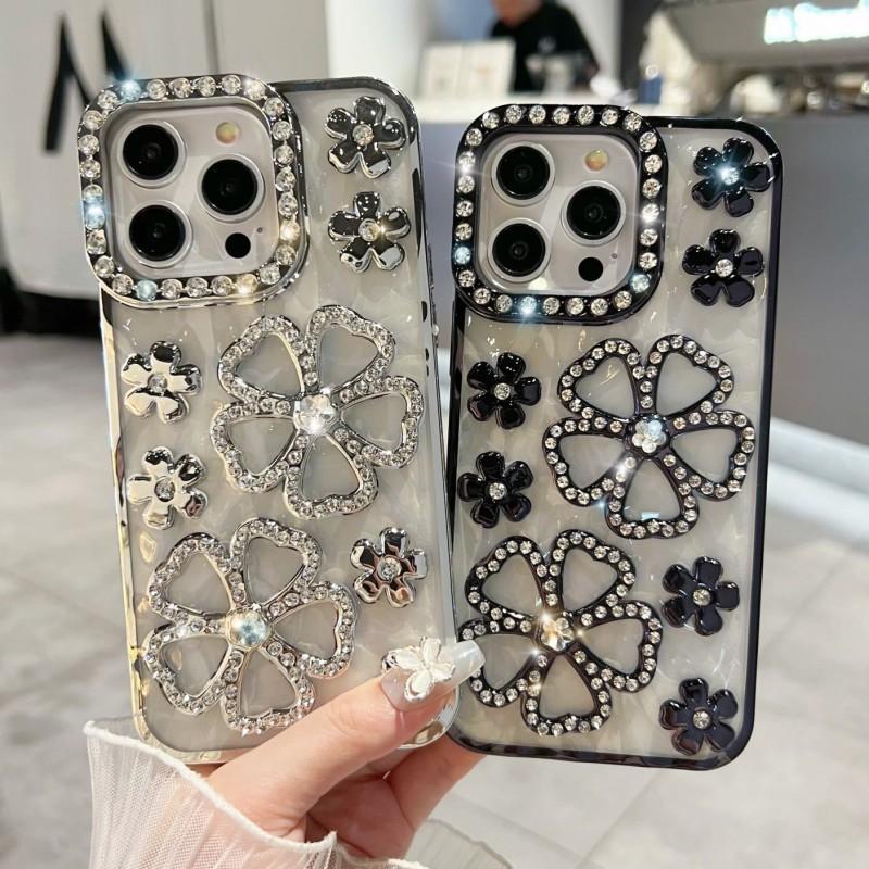 Чехол для телефона из ТПУ для iPhone 16 Pro Max с 3D-дизайном из цветов и страз, полноразмерная защита, ударопрочный, защита камеры