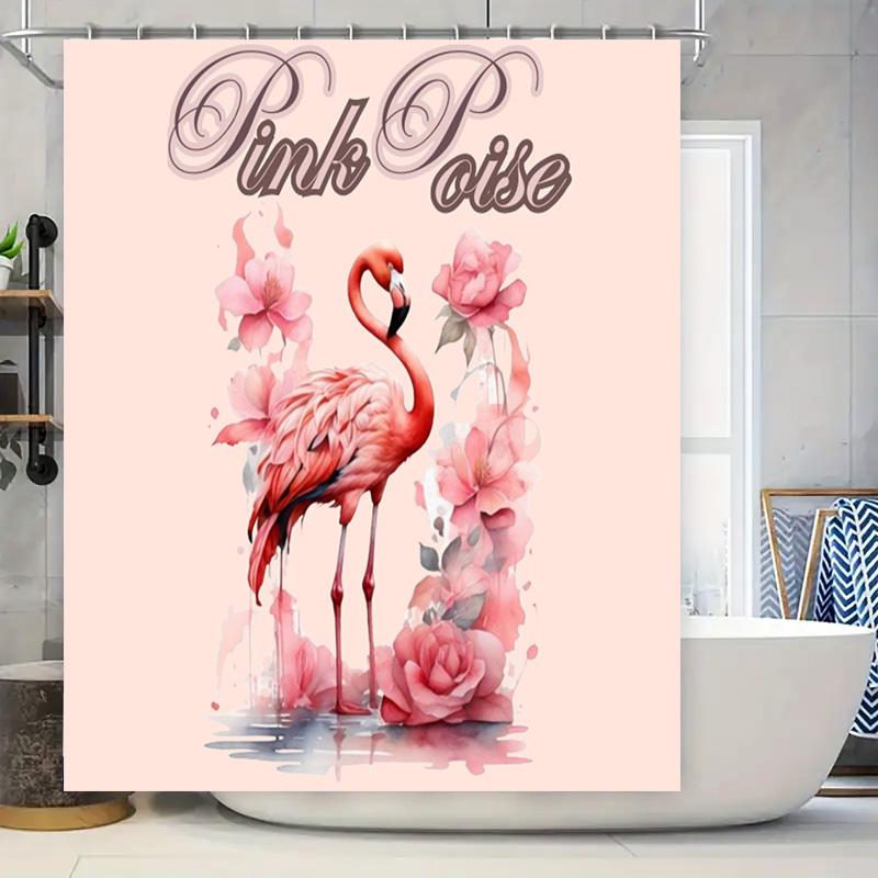 Pink Feather Bath Rug Mat Watercolor Birds Bathroom Decor Shower Curtain with Rod Set Waterproof Pink Floral