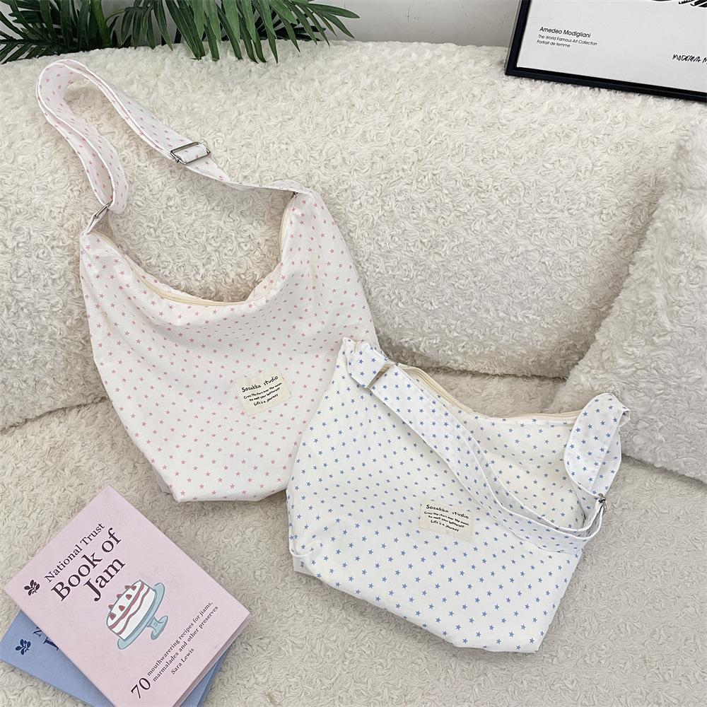 91 Милая розовая холщовая сумка через плечо в горошек со звездным принтом, большая вместительная сумка-тоут,通勤 тканевая сумка-мессенджер