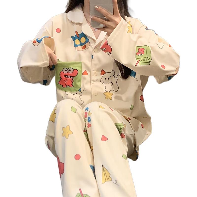 YUZHAOLIN Women's Pajamas, Spring And Autumn Long-Sleeve Cartoon Style, Cute Pocket Soft Lapel Cardigan Loungewear Set for Female Students