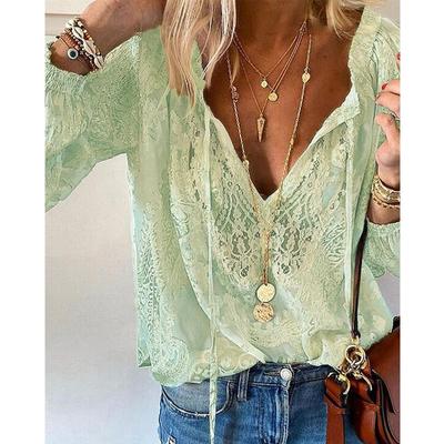 Летняя белая одежда на шнуровке, повседневная однотонная свободная блузка, элегантные топы с цветочным принтом на крючках, темпераментная кружевная рубашка 26545