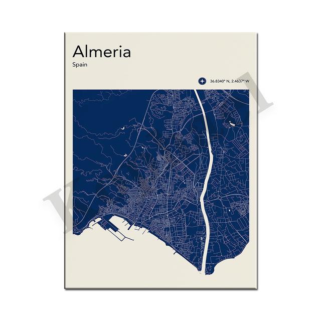 Барселона. Севилья. Бильбао. Мадрид. Альмерия. Цветная карта городов Испании. Искусство стены. плакат