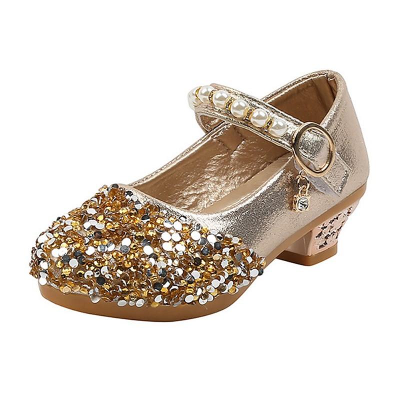 Kids Girls Sequin High Heeled Shoes Elegant Pearl Princess Shoes