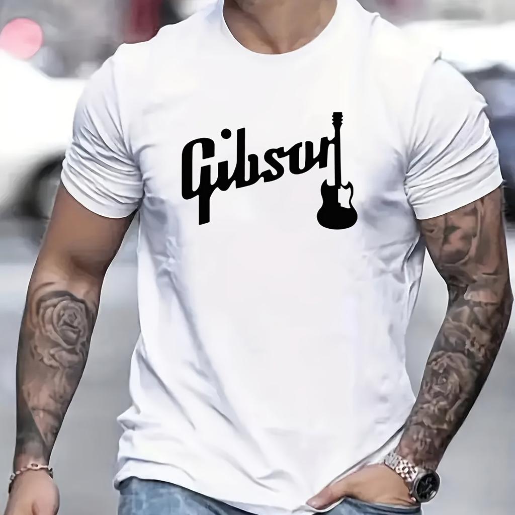 Men's Summer 100% Polyester Fashionable Casual Loose Large Gibson Guitar Printed Sports Round Neck Short Sleeve T-shirt Top S-5XL