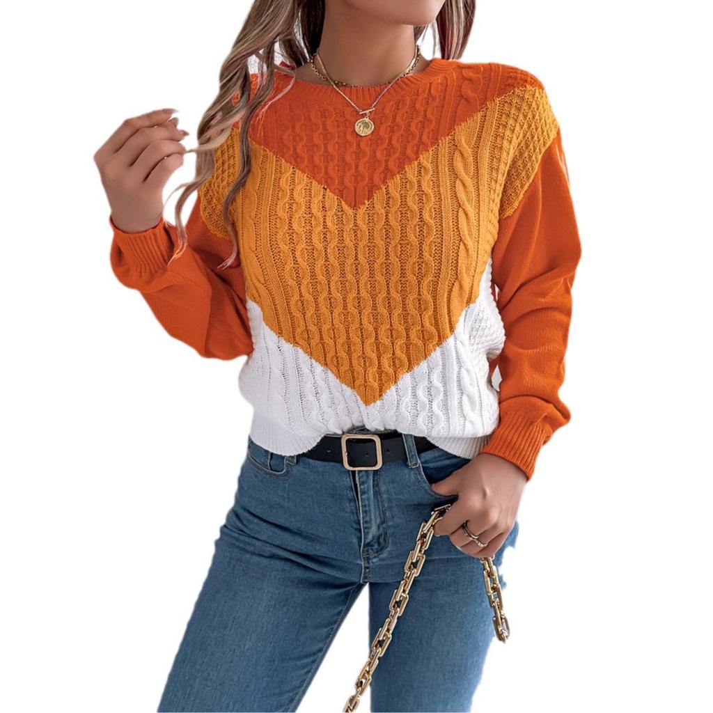 Womens Knit Jumper V-Neck Long Sleeve Color Block Pullovers Sweaters Button Chunky Cable Knitted Sweatshirt