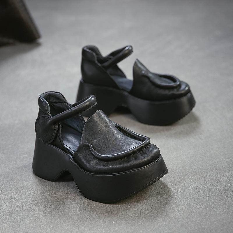 Johnature Сандалии из натуральной кожи на толстой подошве Ретро Круглый носок Толстый каблук Женская платформа