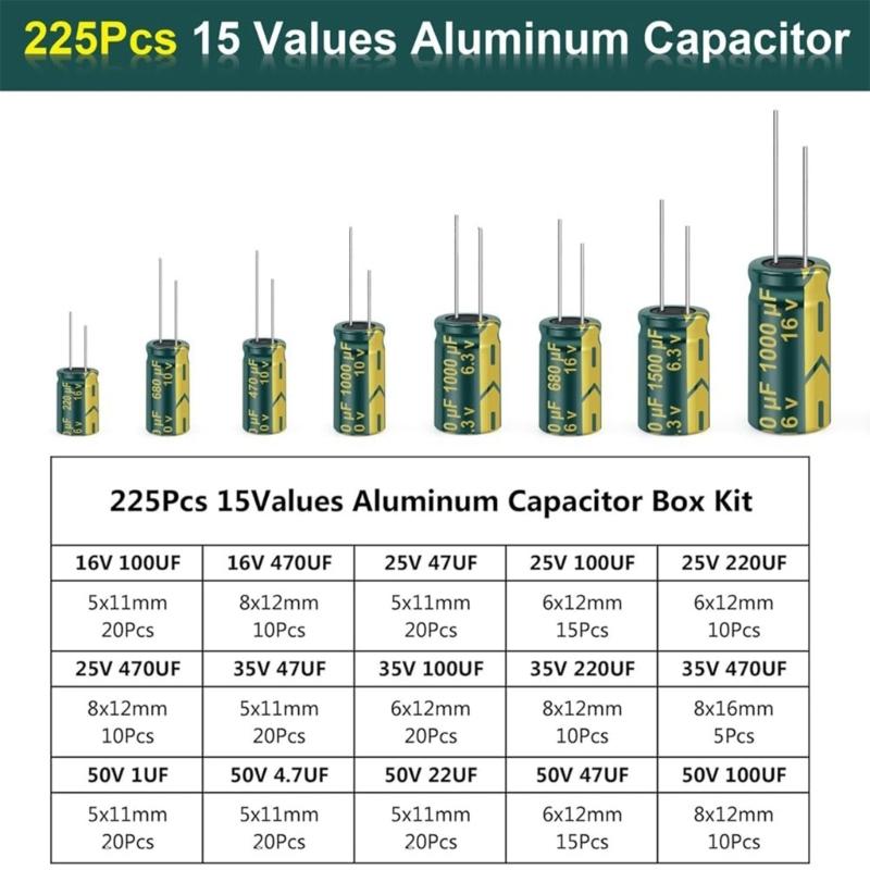 225PCS Assorted Aluminum Capacitors Comprehensive Capacitor Set Simple to Operate for DIY Electronic Projects & Repairs