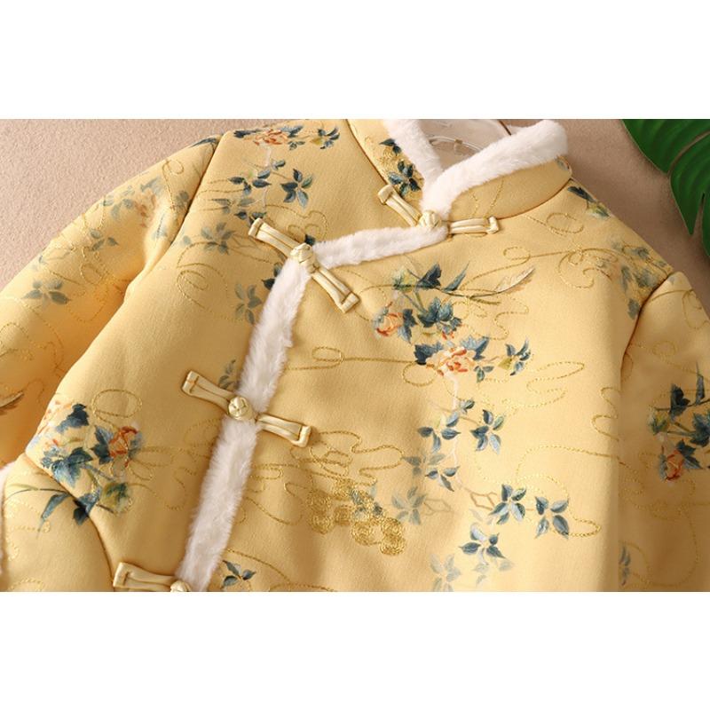 2025 Autumn Winter New Chinese Style Fashion Women Plush Cotton Coat Standing Neck Pan Button Coat Female Warm Jacket