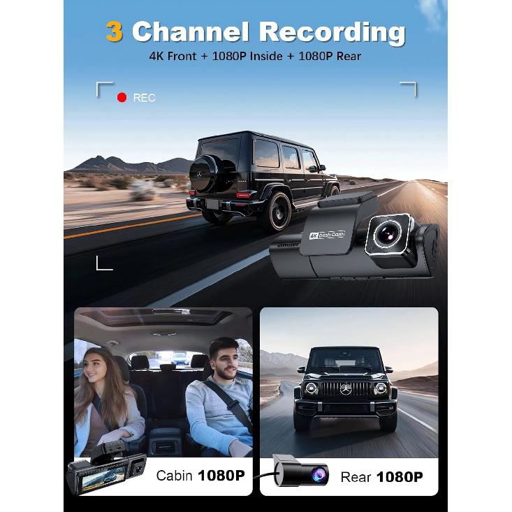 4K Triple Dash Cam GPS Front Inside and Rear 3CHs WiFi Car Camera with APP Control Night Vision 24H Parking Mode Loop Recording