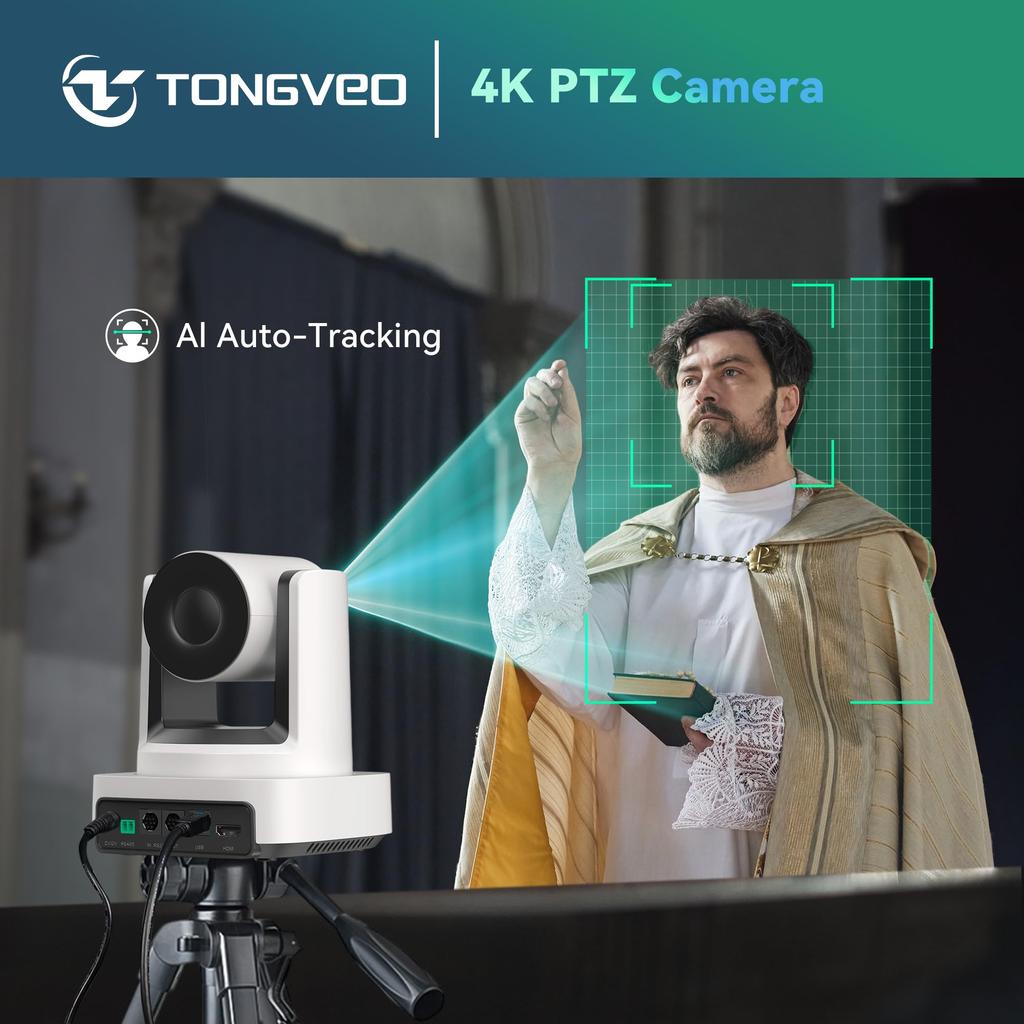 TONGVEO 4K PTZ Camera with AI 10x Optical Wide Angle Plug and for with Remote Control and Tripod Mount White Auto-Tracking, Zoom, HDMI/USB 3.0