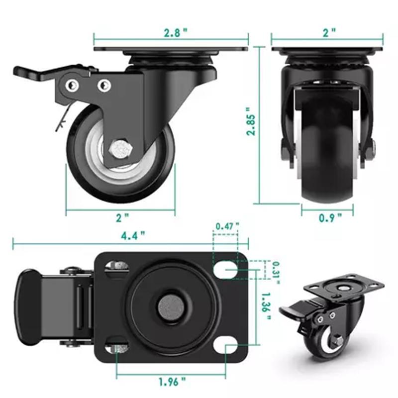 4 шт. Бесшумные колеса с двойными роликами, Двойные шариковые подшипники, Черные поворотные с тормозом, Колеса для тележки 1,5" - 2"