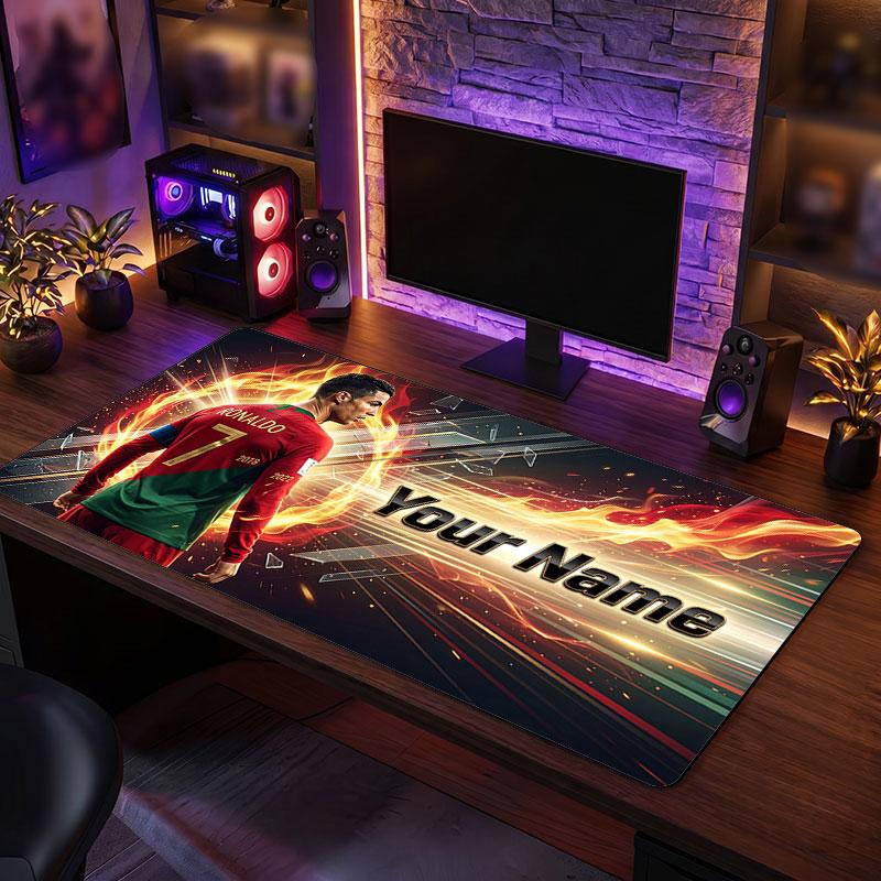 Cristiano Ronaldo Custom Large Mouse Pad, Personalized Name Text Print, Football Logo Non‑Slip Desk Mat Gaming Gift