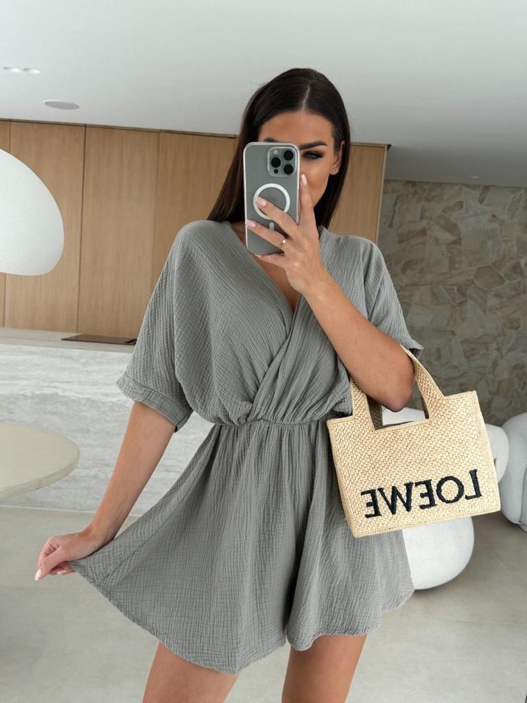 2025 Новый летний комбинезон-шорты с глубоким V-образным вырезом, коротким рукавом и сборкой на талии