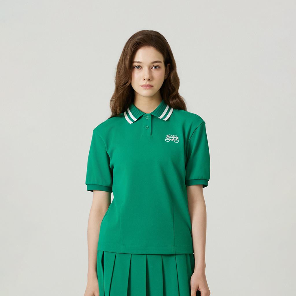 MARTINE GOLF Укороченная футболка с коротким рукавом и вязаным воротником_Зеленый