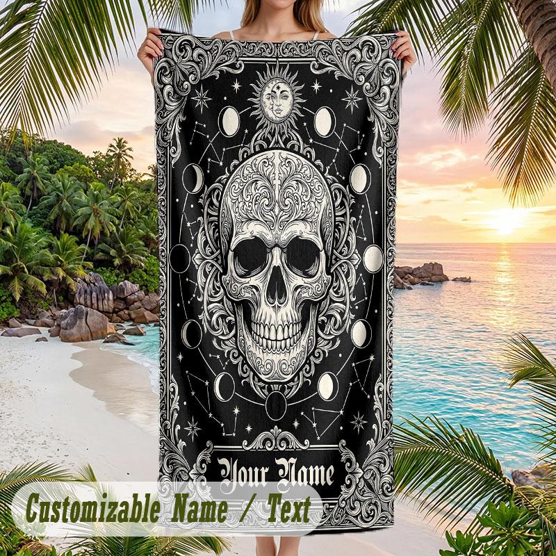Ethereal Skull Horoscope Theme Quick Dry Beach Towel Custom Name Text Print Large Sand Resistant Towel Beach Vacation