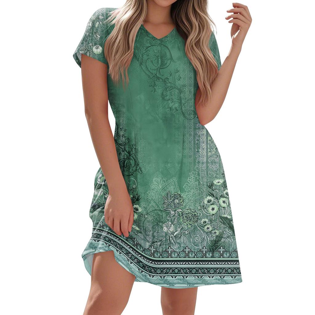 Женское модное повседневное платье с короткими рукавами и V-образным вырезом в винтажном цветочном стиле для домашнего отпуска