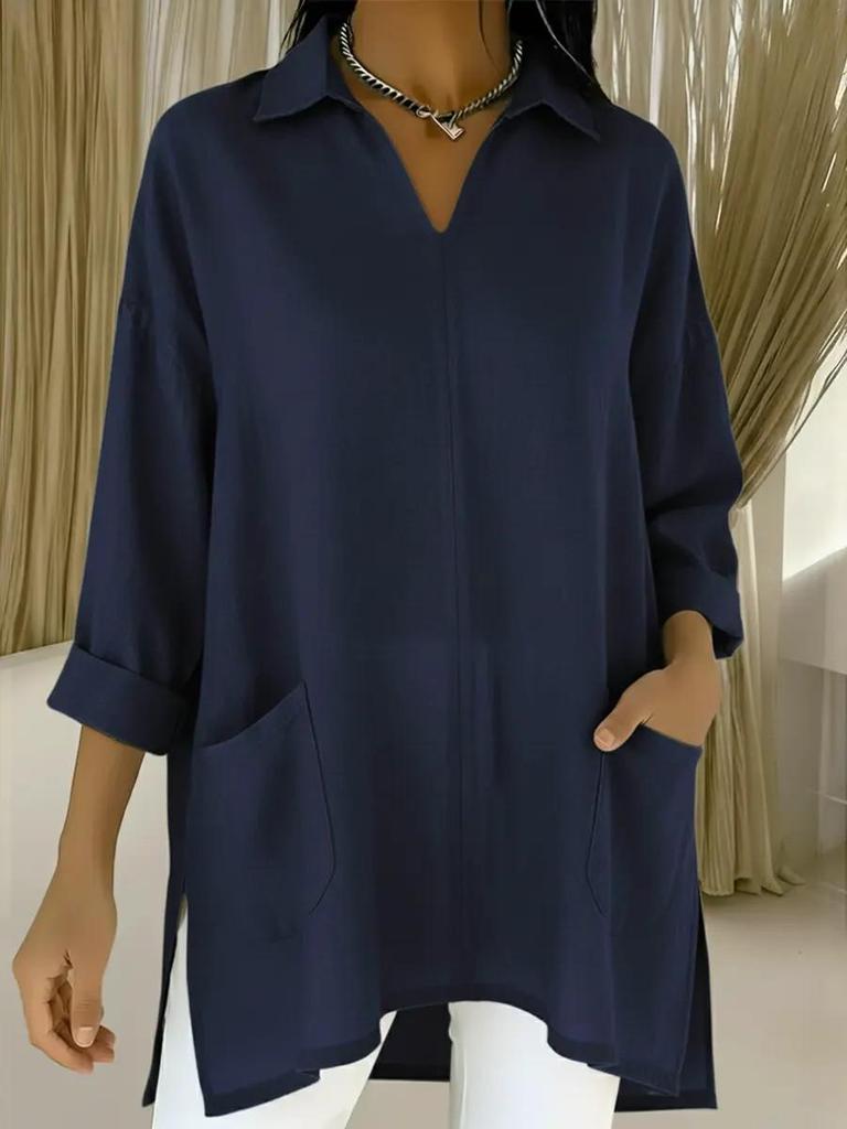 Весна 2026 Европейская и Американская Женская Мода Однотонная Рубашка с Карманным Воротником Свободный Топ