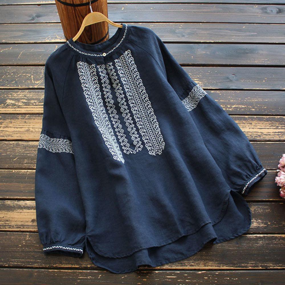Винтажная вышивка женские блузки больших размеров однотонные с длинным рукавом этнические рубашки осенние женские повседневные свободные рубашки верхняя одежда