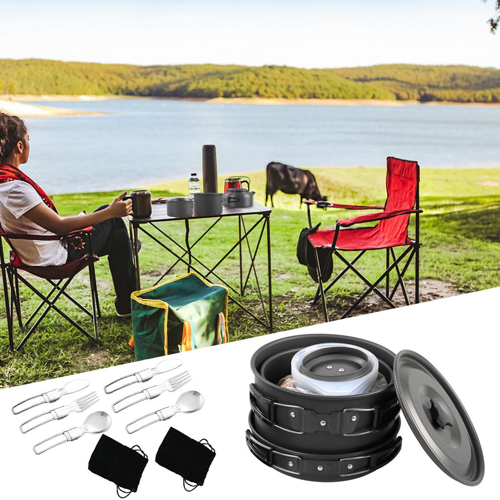 Набор посуды для кемпинга, набор кастрюль и сковородок с антипригарным покрытием и чайником для кемпинга, пеших прогулок, альпинизма