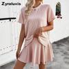 Женский летний комплект из двух предметов - Бесшовный вязаный топ с коротким рукавом и мини-юбка с пэчворком и складками, Повседневный наряд