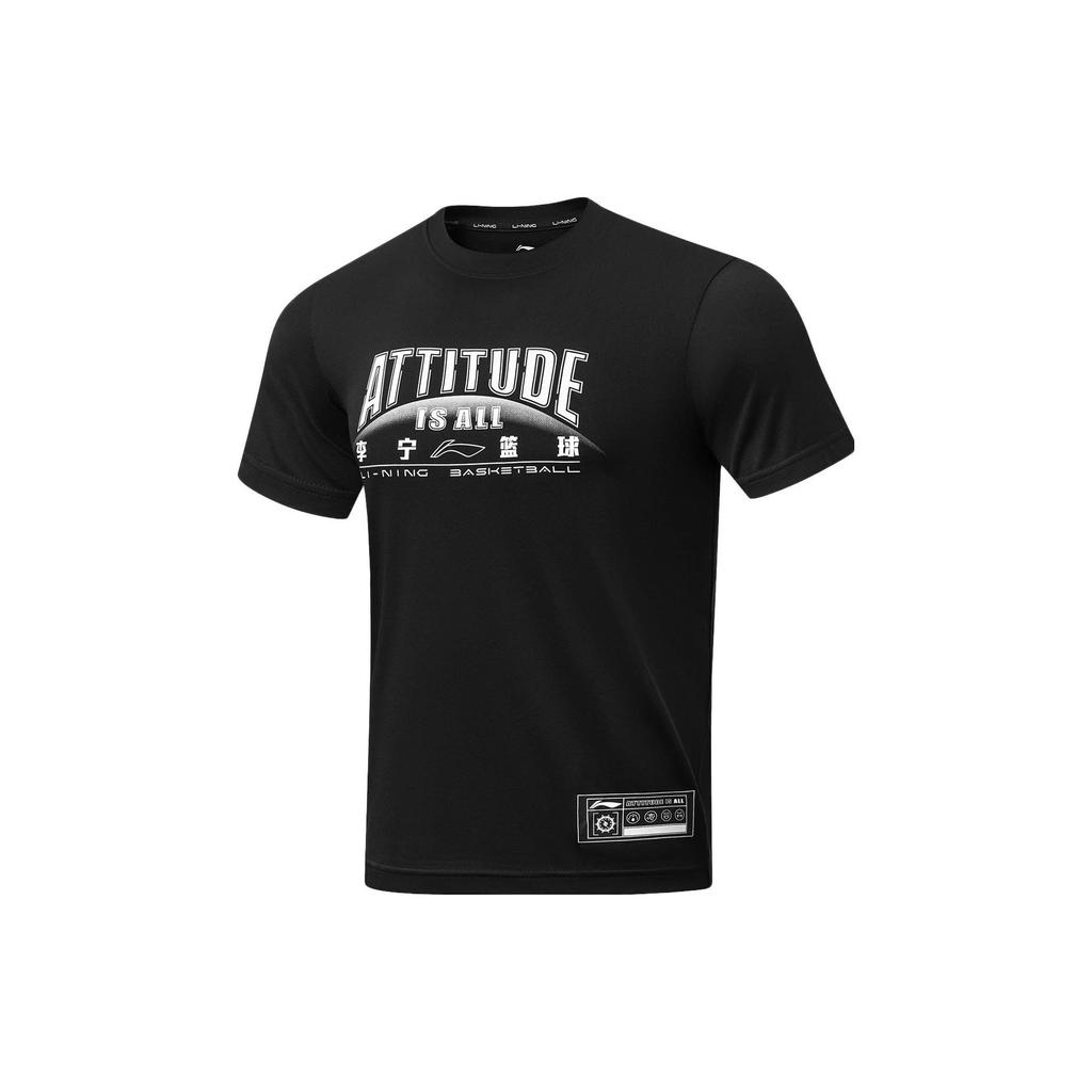 Li-Ning Professional Basketball Series Letter Print Moisture-Wicking Slim-Fit Short Sleeve T-Shirt Men Tops Black Light-Smoke-Grey AHST299-1
