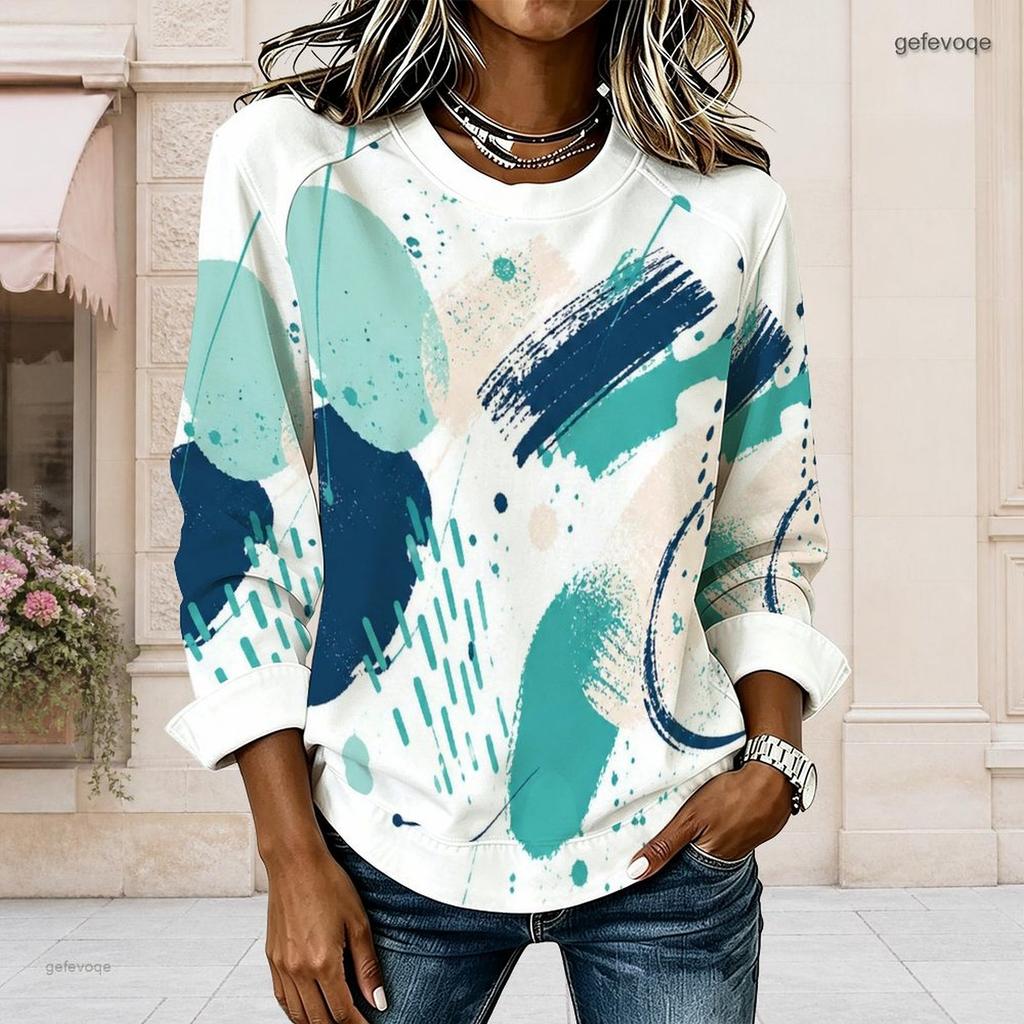 Women Plus Size Round Neck Long Sleeve Blue White Tie Dye Printed Curved Hem Top